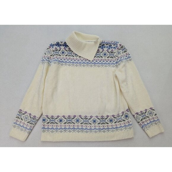 Alfred Dunner Women's Sweater Size M Ivory Cream Chenille Fair Isle Pullover - Picture 2 of 14